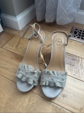 Jack Rogers Ruffle Ankle-Strap Heels in Light Gray